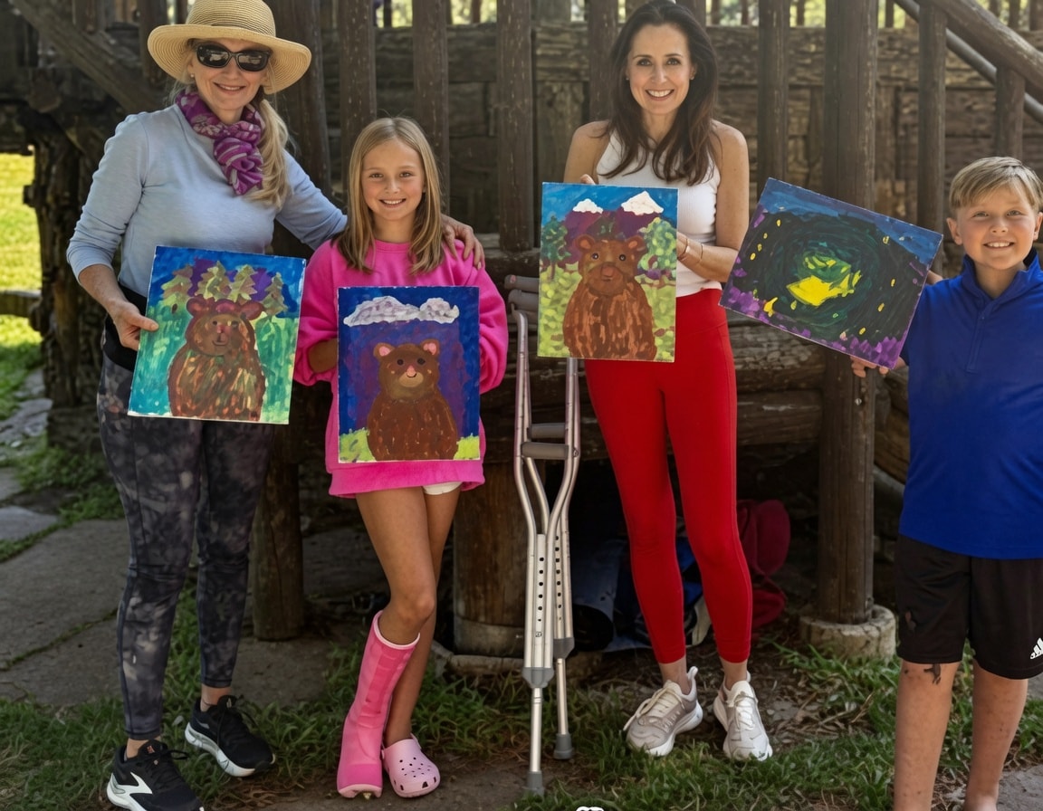 Family holding their finished brown bear paintings at an outdoor art session in Aspen