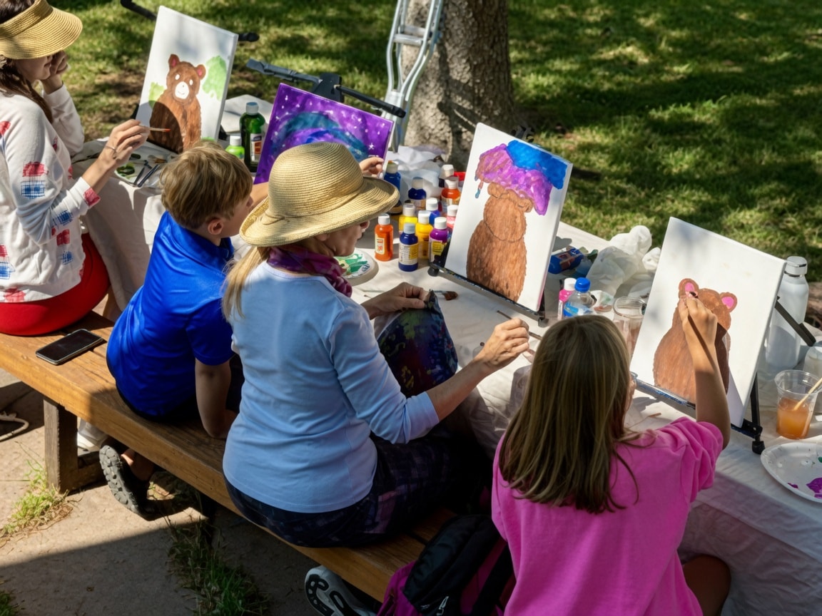 Children and adults painting brown bears on canvases at an outdoor picnic table in Aspen