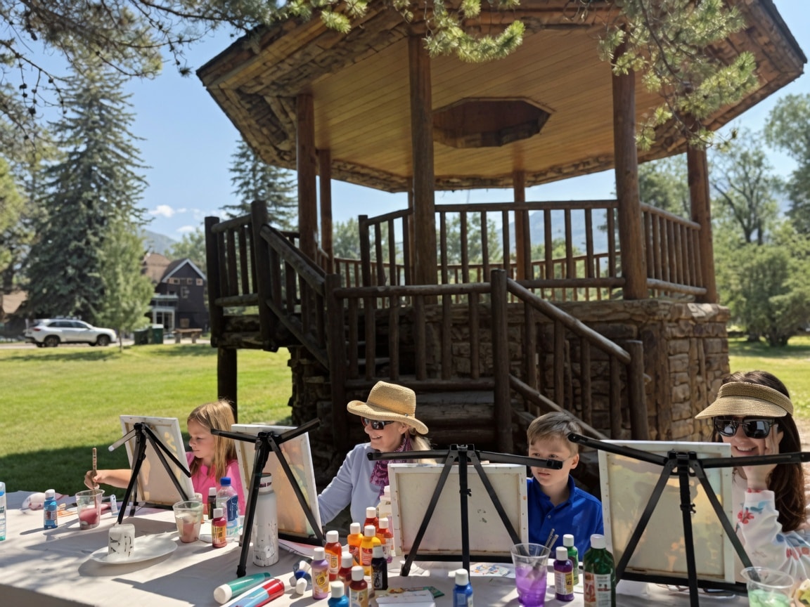 Family painting outdoors at a picnic table in front of a wooden gazebo in an Aspen park
