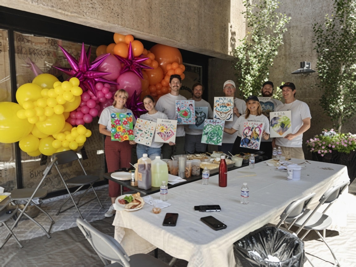Corporate team holding their finished paintings at a Lea Studio Art retreat event
