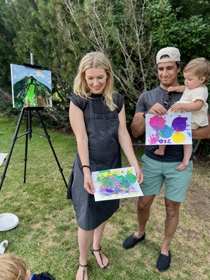 Adults and children painting together at a table during a family art class