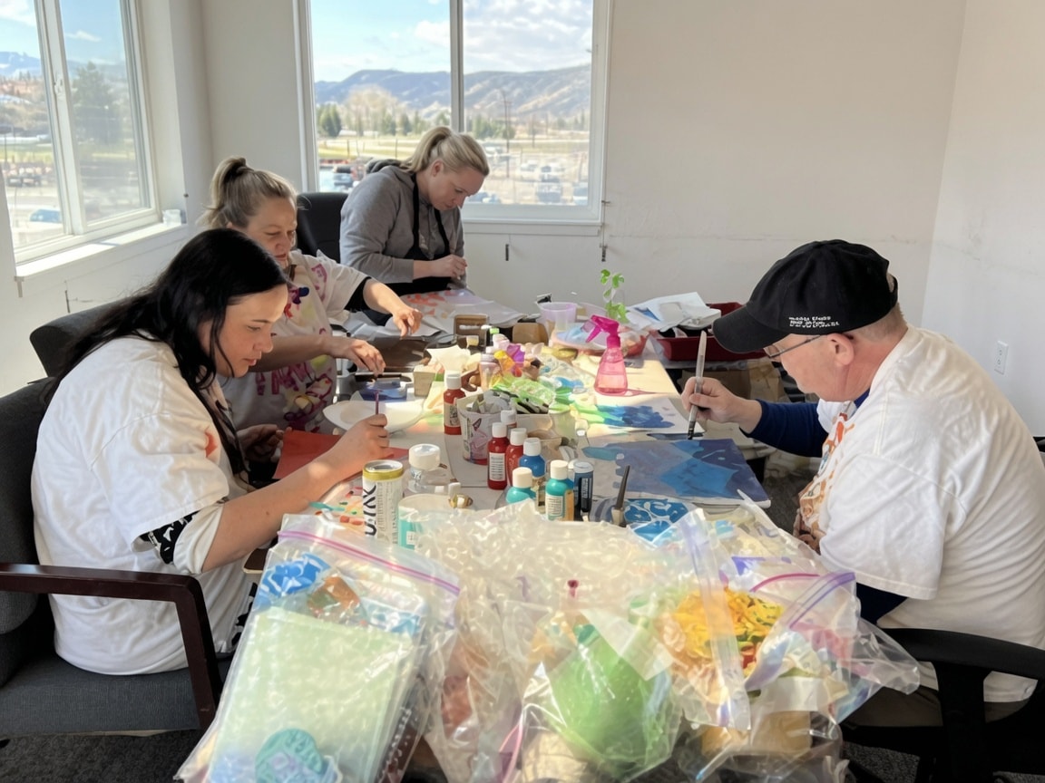 Group of adults painting together at a table with mountain views